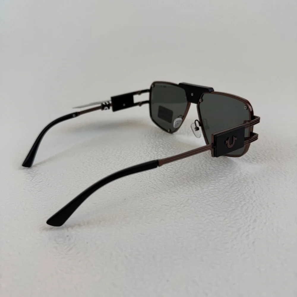 NWT True Religion Aviator Sunglasses Solid Lens Brown Frame Bold Hardware Unisex